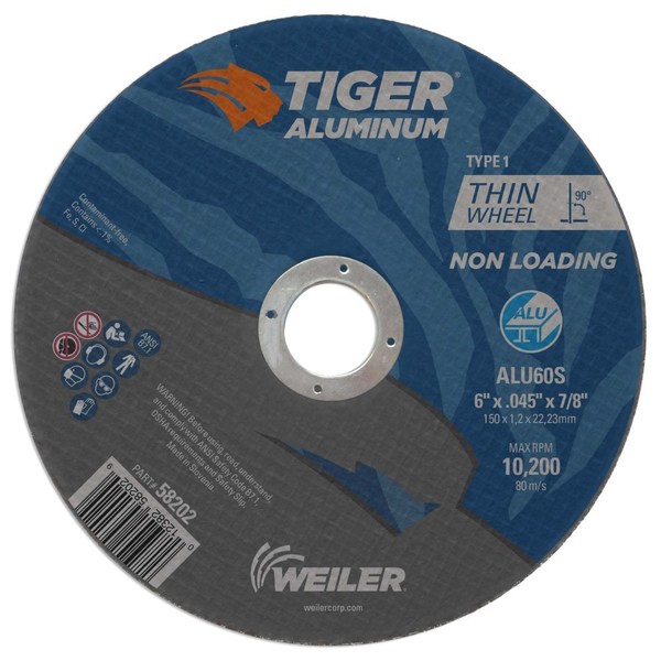Weiler 6" x .045" TIGER ALUMINUM Type 1 Cut-Off Wheel ALU60S 7/8 A.H. 58202